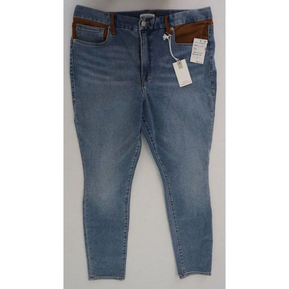 Good American Women's Sz 15 Indigo Good Legs Tan Suede Mixing Skinny Jeans $155 - Picture 1 of 9
